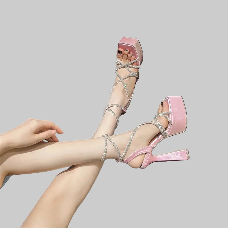 Aneikeh Water Diamond Hollow Open Toe Fashion Sexy Super High Heel Sandals Night Club Steel Pipe Dance Shoes Gladiator Sandals - PratSN