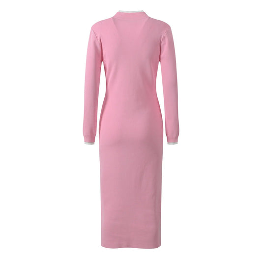 Autumn 2025 Lady Elegant Style Quality O - neck Long Sleeve Hook Flowers Wear Women Colorblock Knit Slim Fitted Midi Dress - PratSN