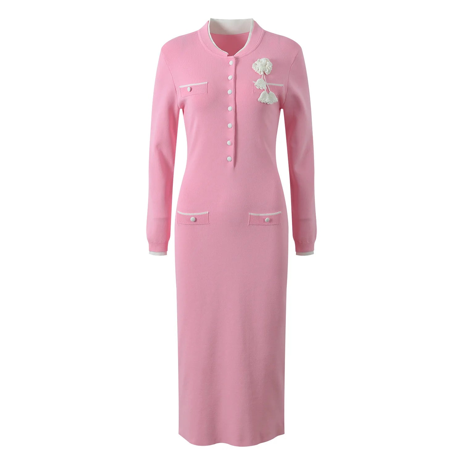 Autumn 2025 Lady Elegant Style Quality O - neck Long Sleeve Hook Flowers Wear Women Colorblock Knit Slim Fitted Midi Dress - PratSN