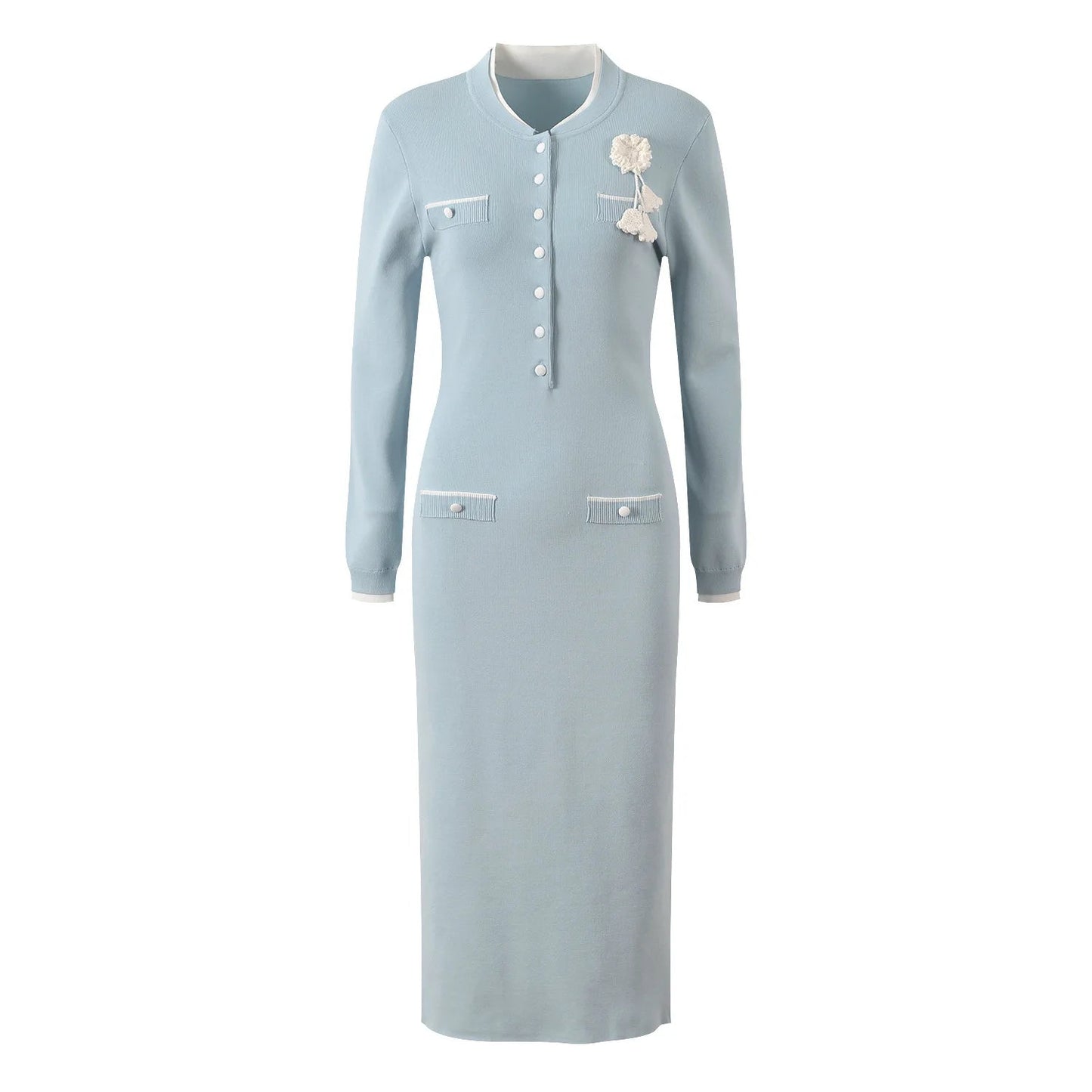 Autumn 2025 Lady Elegant Style Quality O - neck Long Sleeve Hook Flowers Wear Women Colorblock Knit Slim Fitted Midi Dress - PratSN