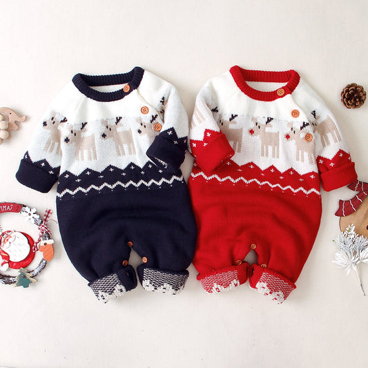 Autumn and winter boys and girls cartoon Christmas elk baby romper - PratSN