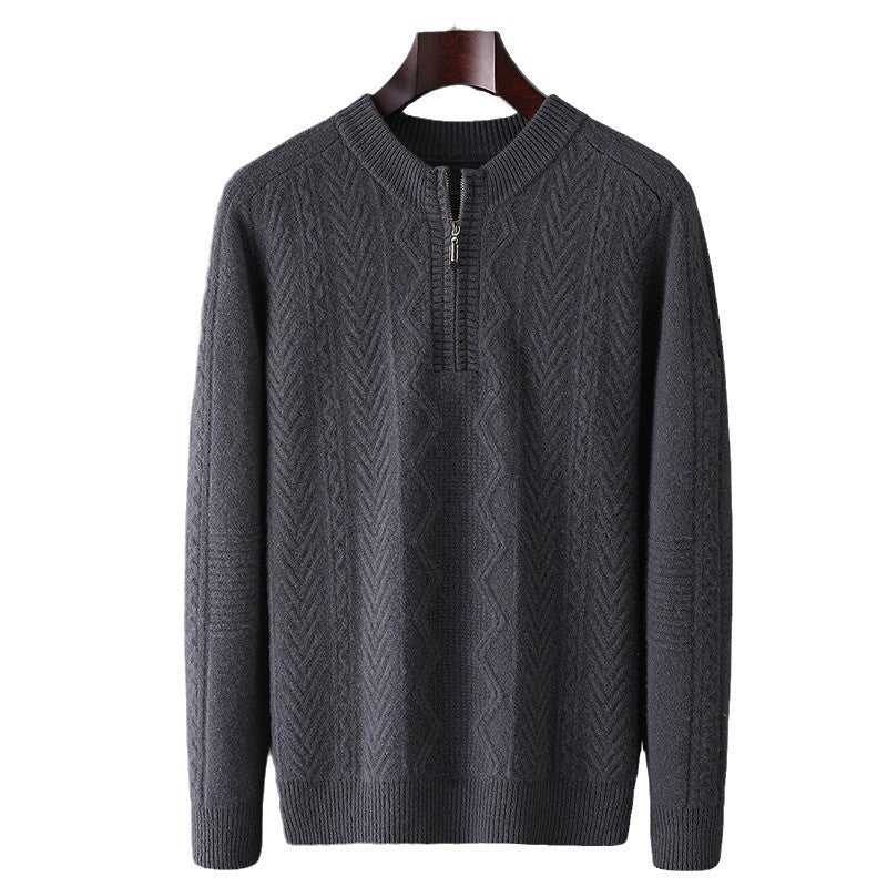 Autumn And Winter Pure Wool Men's Diamond Lattice Loose Half Zipper Sweater - PratSN