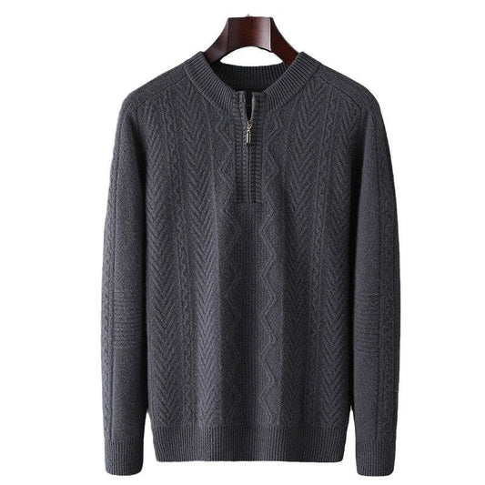 Autumn And Winter Pure Wool Men's Diamond Lattice Loose Half Zipper Sweater - PratSN
