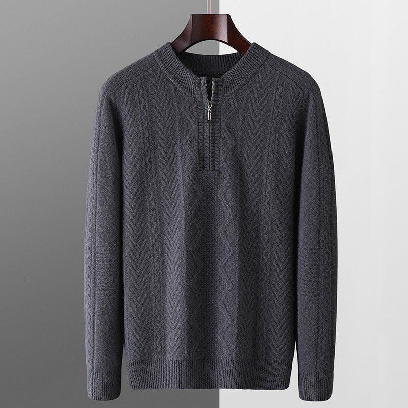 Autumn And Winter Pure Wool Men's Diamond Lattice Loose Half Zipper Sweater - PratSN