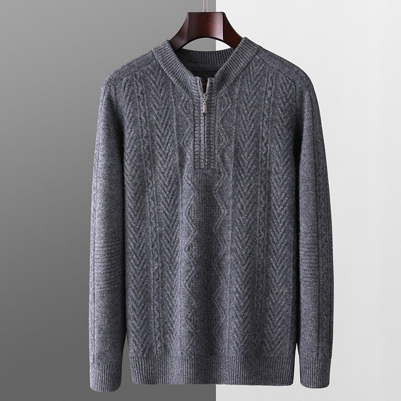 Autumn And Winter Pure Wool Men's Diamond Lattice Loose Half Zipper Sweater - PratSN