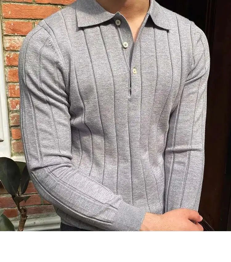 Autumn Casual Men's Knitted Sweater Striped Polo Shirt Lapel Polo T-shirt - PratSN