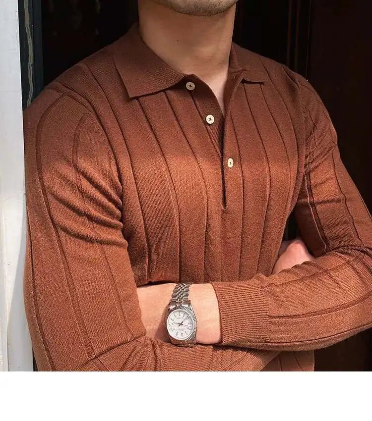 Autumn Casual Men's Knitted Sweater Striped Polo Shirt Lapel Polo T-shirt - PratSN
