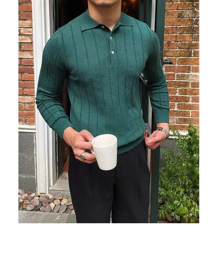 Autumn Casual Men's Knitted Sweater Striped Polo Shirt Lapel Polo T-shirt - PratSN