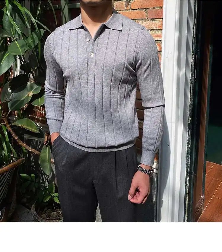 Autumn Casual Men's Knitted Sweater Striped Polo Shirt Lapel Polo T-shirt - PratSN