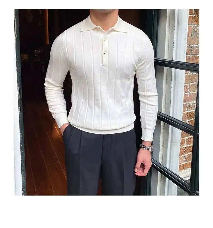 Autumn Casual Men's Knitted Sweater Striped Polo Shirt Lapel Polo T-shirt - PratSN