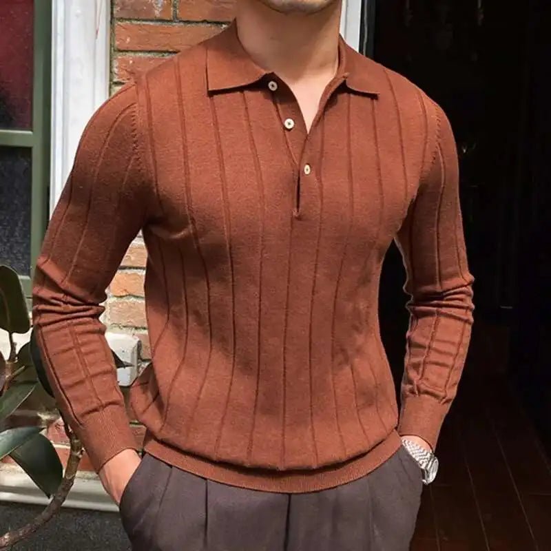 Autumn Casual Men's Knitted Sweater Striped Polo Shirt Lapel Polo T-shirt - PratSN