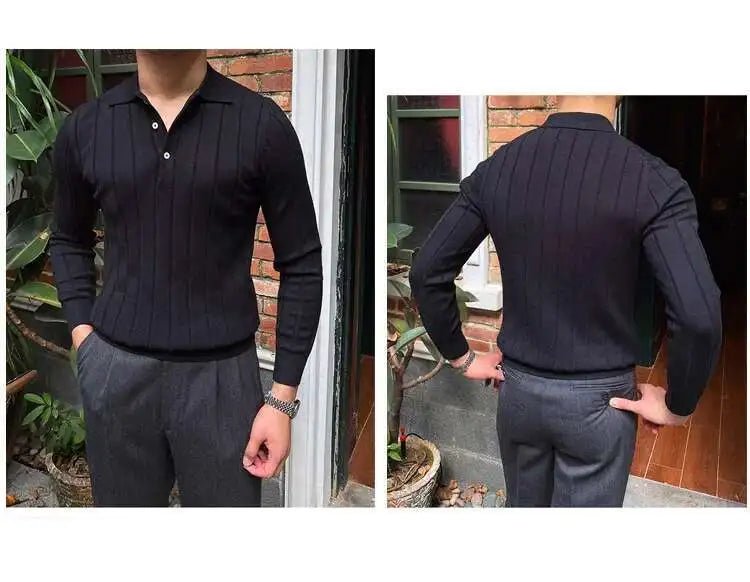 Autumn Casual Men's Knitted Sweater Striped Polo Shirt Lapel Polo T-shirt - PratSN