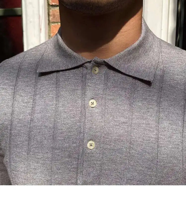 Autumn Casual Men's Knitted Sweater Striped Polo Shirt Lapel Polo T-shirt - PratSN