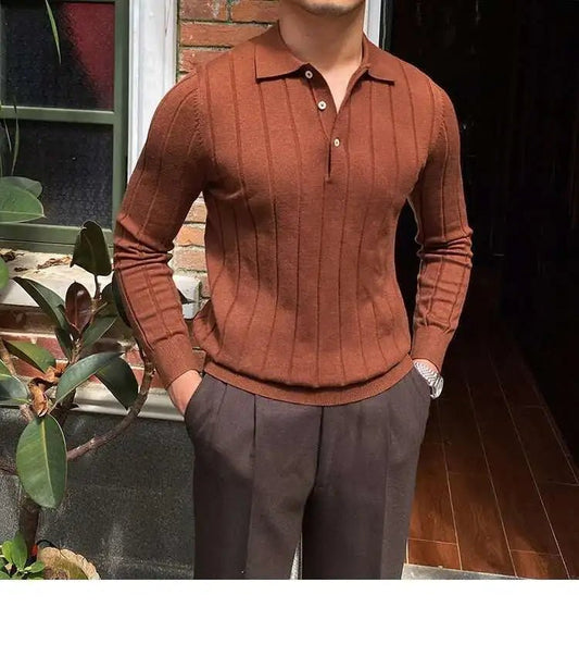 Autumn Casual Men's Knitted Sweater Striped Polo Shirt Lapel Polo T-shirt - PratSN