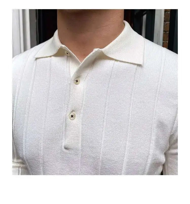 Autumn Casual Men's Knitted Sweater Striped Polo Shirt Lapel Polo T-shirt - PratSN