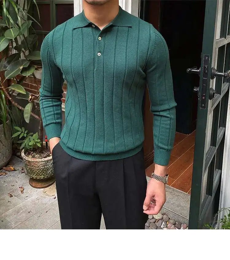 Autumn Casual Men's Knitted Sweater Striped Polo Shirt Lapel Polo T-shirt - PratSN