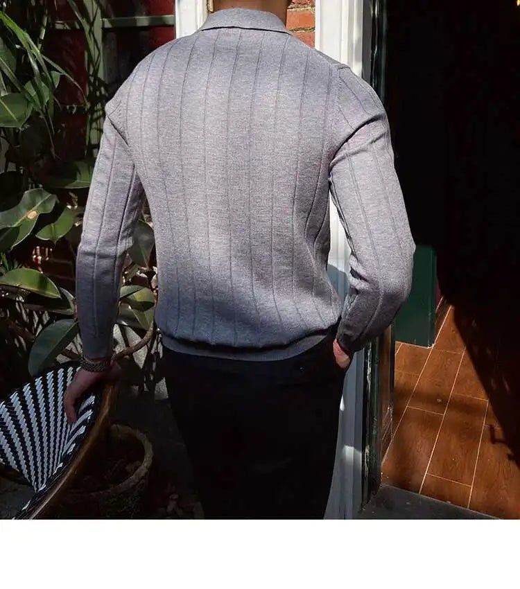 Autumn Casual Men's Knitted Sweater Striped Polo Shirt Lapel Polo T-shirt - PratSN