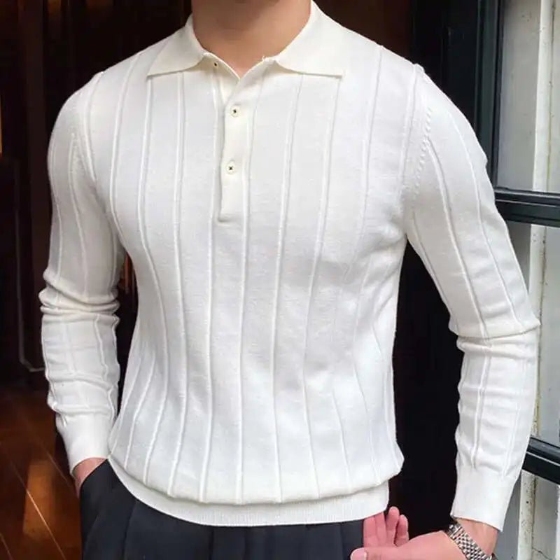 Autumn Casual Men's Knitted Sweater Striped Polo Shirt Lapel Polo T-shirt - PratSN