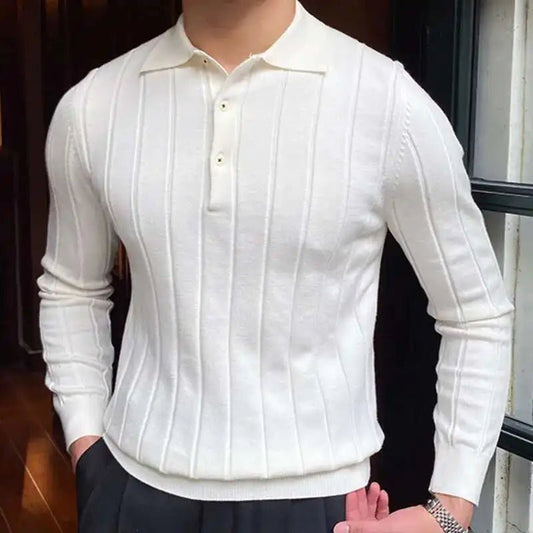 Autumn Casual Men's Knitted Sweater Striped Polo Shirt Lapel Polo T-shirt - PratSN