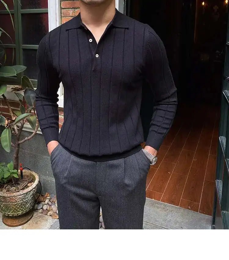 Autumn Casual Men's Knitted Sweater Striped Polo Shirt Lapel Polo T-shirt - PratSN