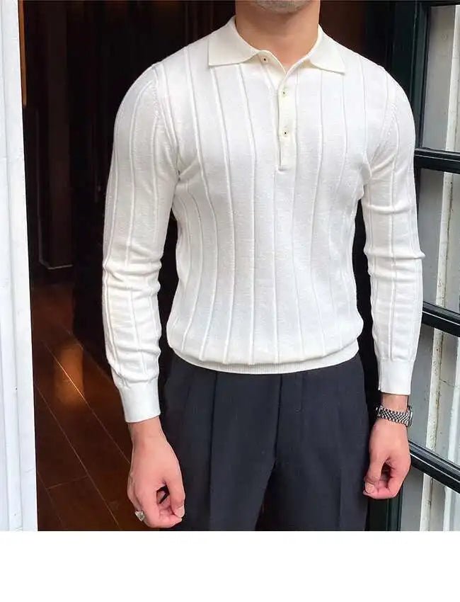 Autumn Casual Men's Knitted Sweater Striped Polo Shirt Lapel Polo T-shirt - PratSN