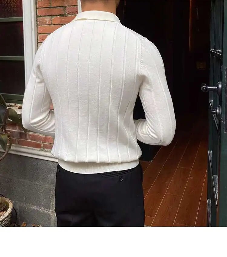 Autumn Casual Men's Knitted Sweater Striped Polo Shirt Lapel Polo T-shirt - PratSN