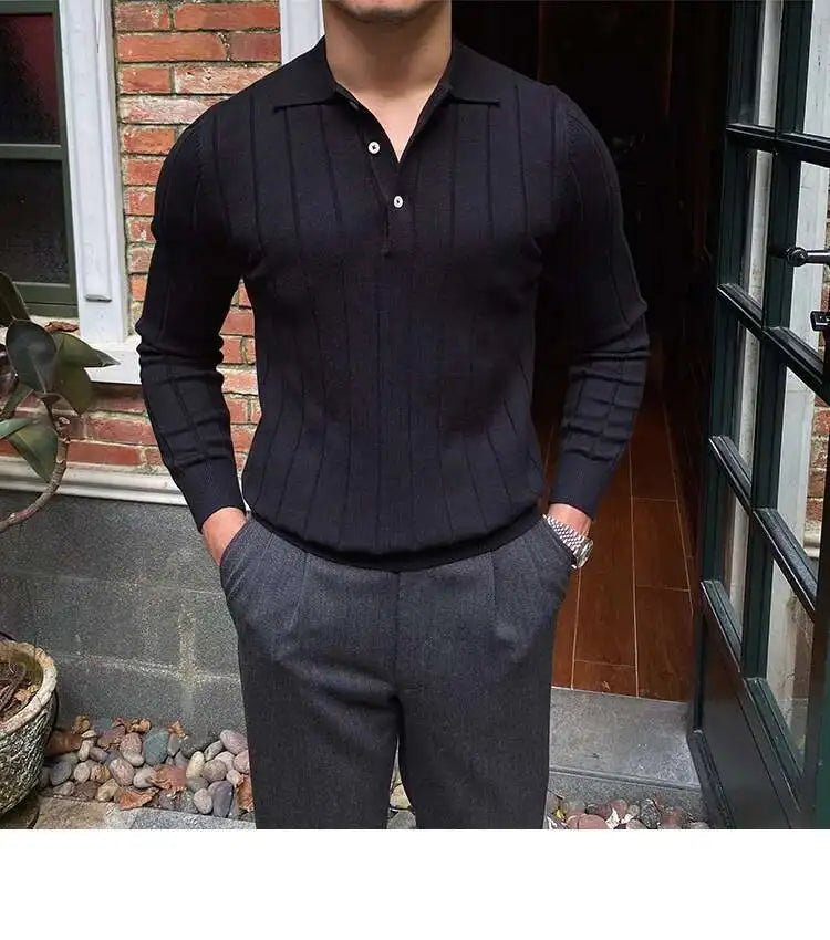 Autumn Casual Men's Knitted Sweater Striped Polo Shirt Lapel Polo T-shirt - PratSN