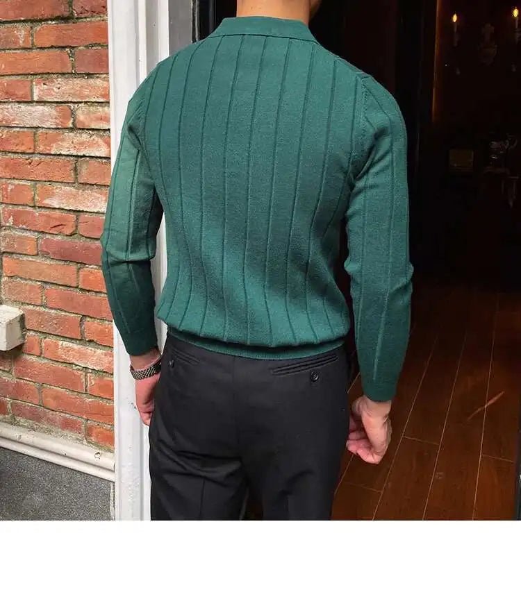 Autumn Casual Men's Knitted Sweater Striped Polo Shirt Lapel Polo T-shirt - PratSN