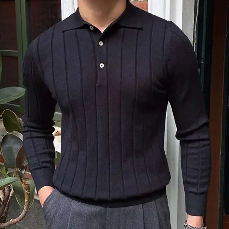 Autumn Casual Men's Knitted Sweater Striped Polo Shirt Lapel Polo T-shirt - PratSN