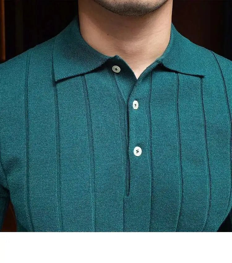 Autumn Casual Men's Knitted Sweater Striped Polo Shirt Lapel Polo T-shirt - PratSN