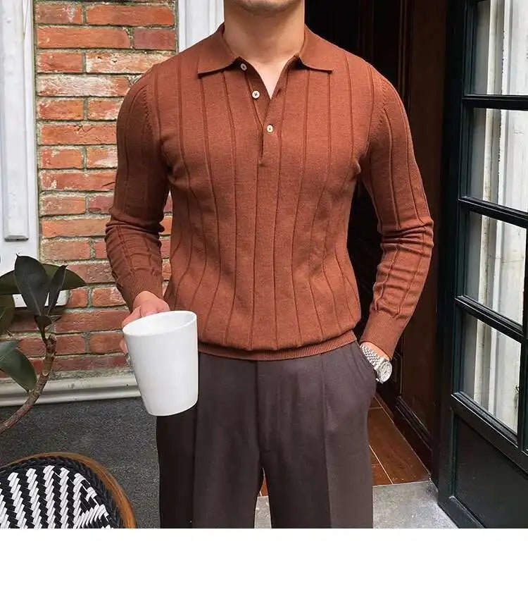 Autumn Casual Men's Knitted Sweater Striped Polo Shirt Lapel Polo T-shirt - PratSN