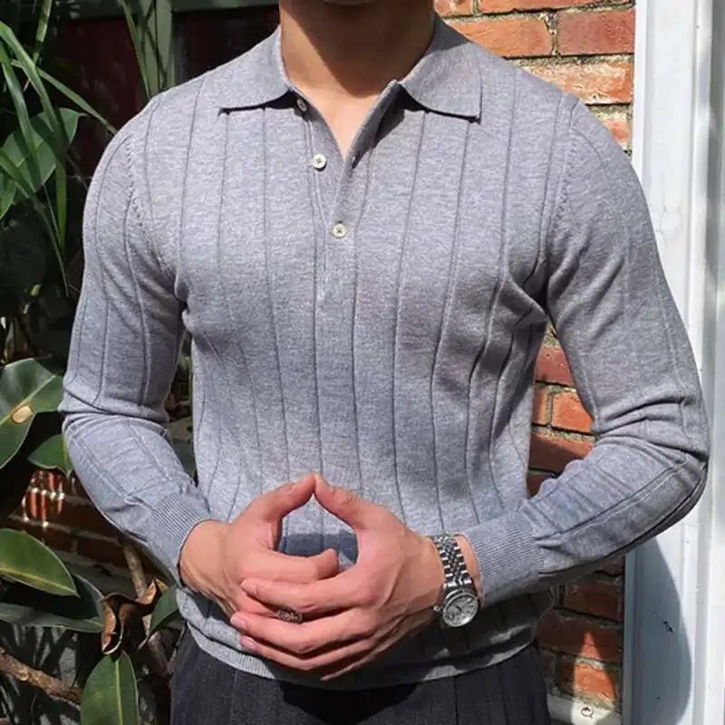 Autumn Casual Men's Knitted Sweater Striped Polo Shirt Lapel Polo T-shirt - PratSN