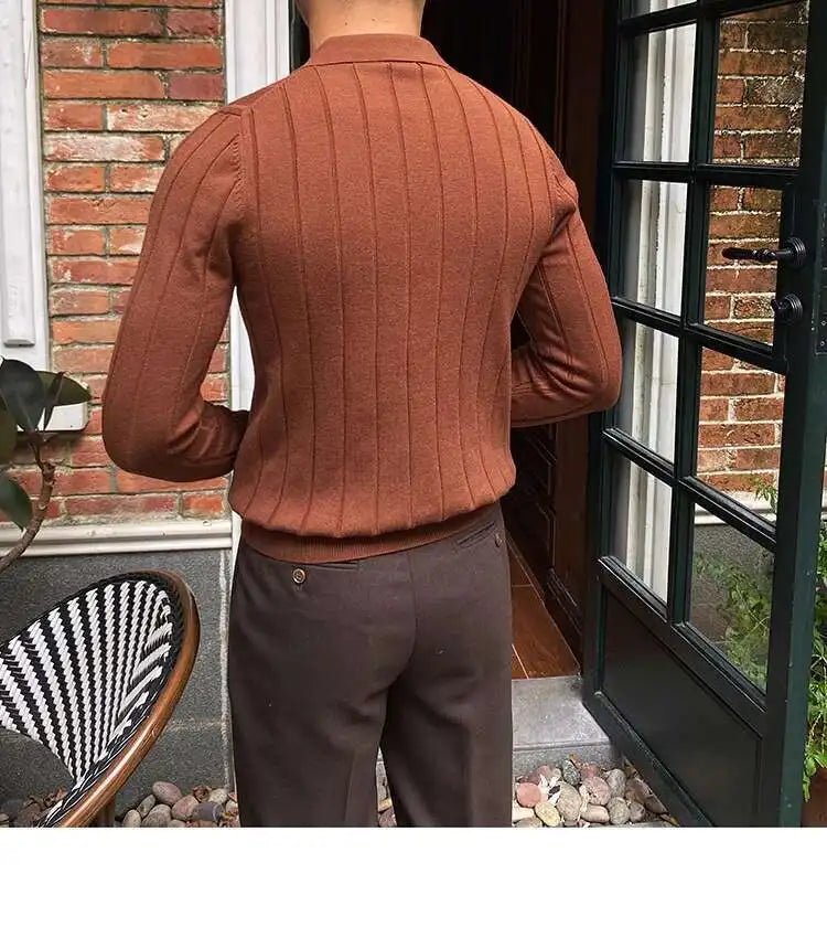 Autumn Casual Men's Knitted Sweater Striped Polo Shirt Lapel Polo T-shirt - PratSN