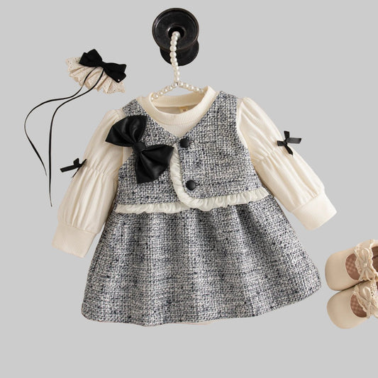 Autumn New Sweet Bow Baby Girl Dress, Simple Checkered Long Sleeved Children'S Clothing Suitable For Babies Aged 0 - 3 Years - PratSN