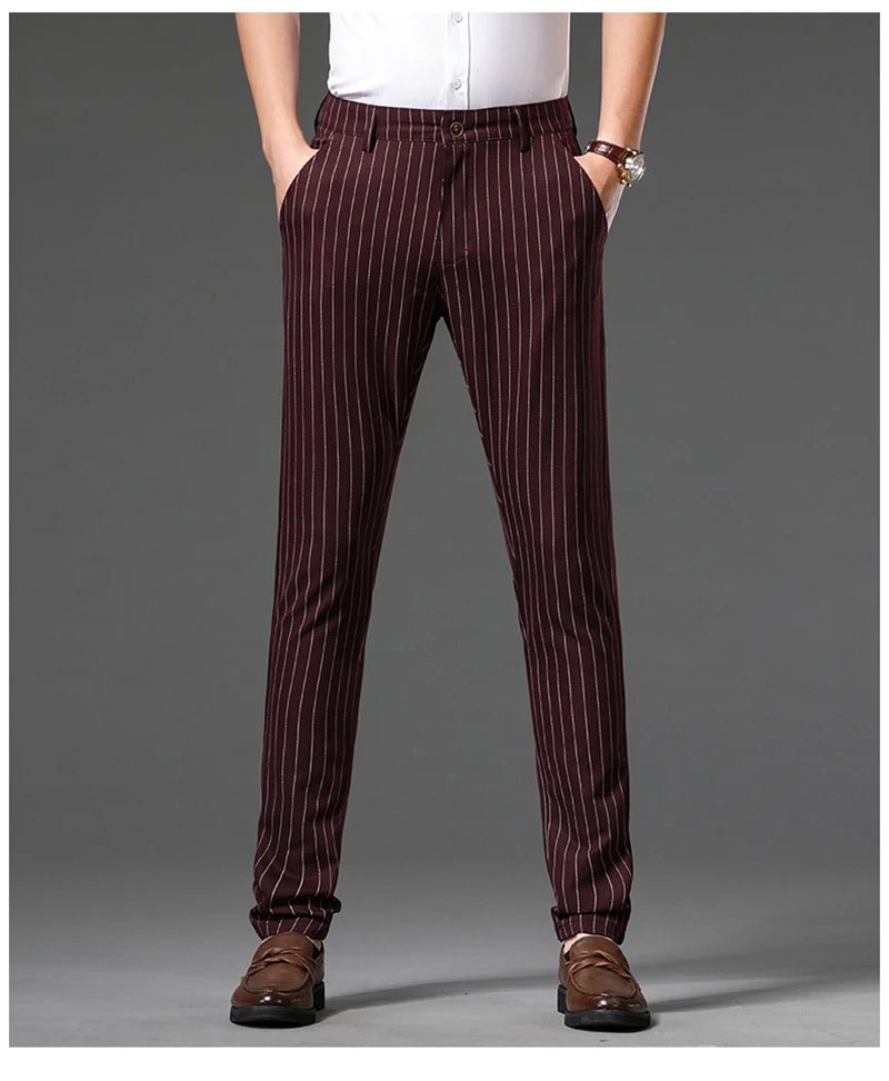 Autumn Stripe Trousers Men Formal Work Business Red Grey Blue Black Slim Fit Iron - free Office Luxury Suit Pants Male 30 - 38 - PratSN