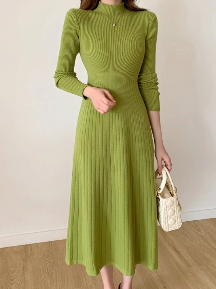 Autumn Winter 2024 Slim Long Sleeve Party Midi Dress for Women Knitted Half High Collar Elegant Knitted Sweater Dresses Ladies - PratSN