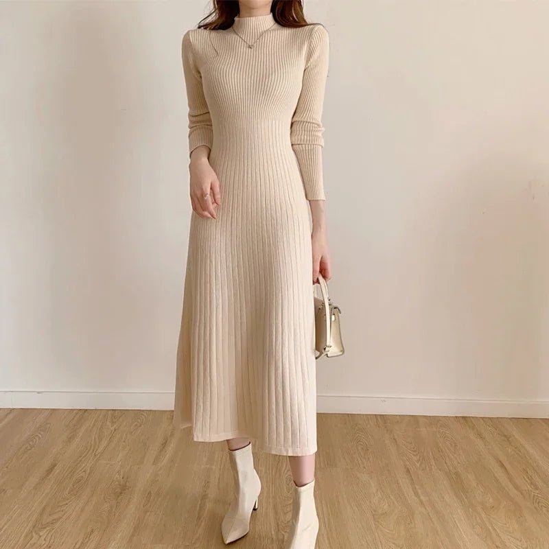 Autumn Winter 2024 Slim Long Sleeve Party Midi Dress for Women Knitted Half High Collar Elegant Knitted Sweater Dresses Ladies - PratSN
