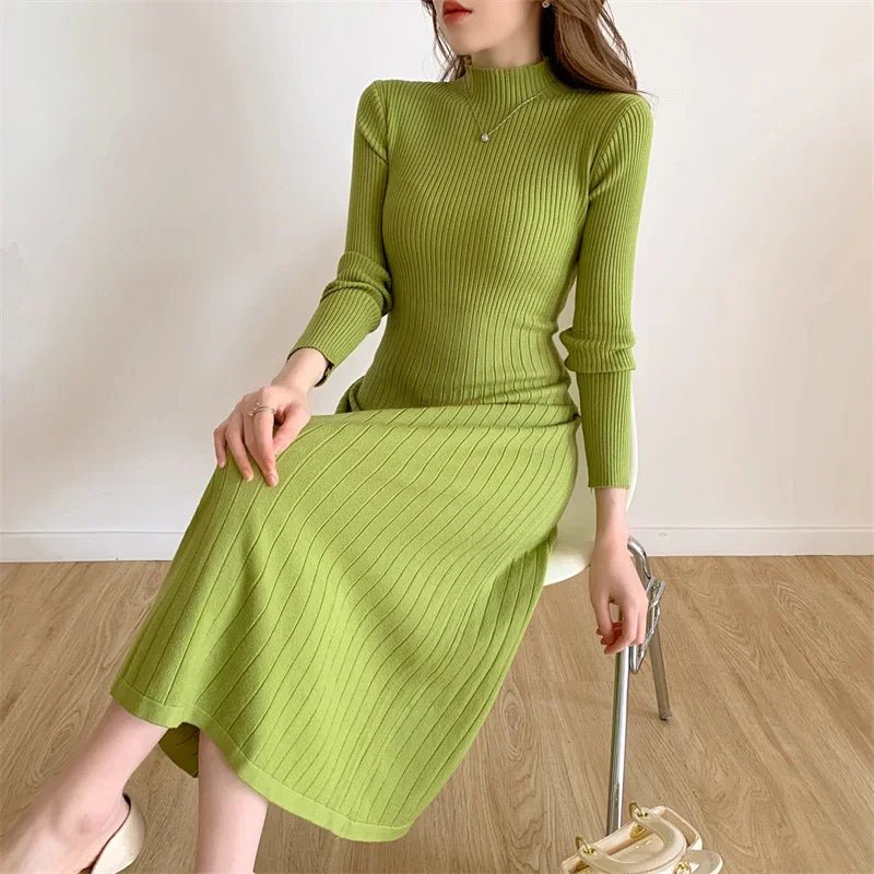 Autumn Winter 2024 Slim Long Sleeve Party Midi Dress for Women Knitted Half High Collar Elegant Knitted Sweater Dresses Ladies - PratSN