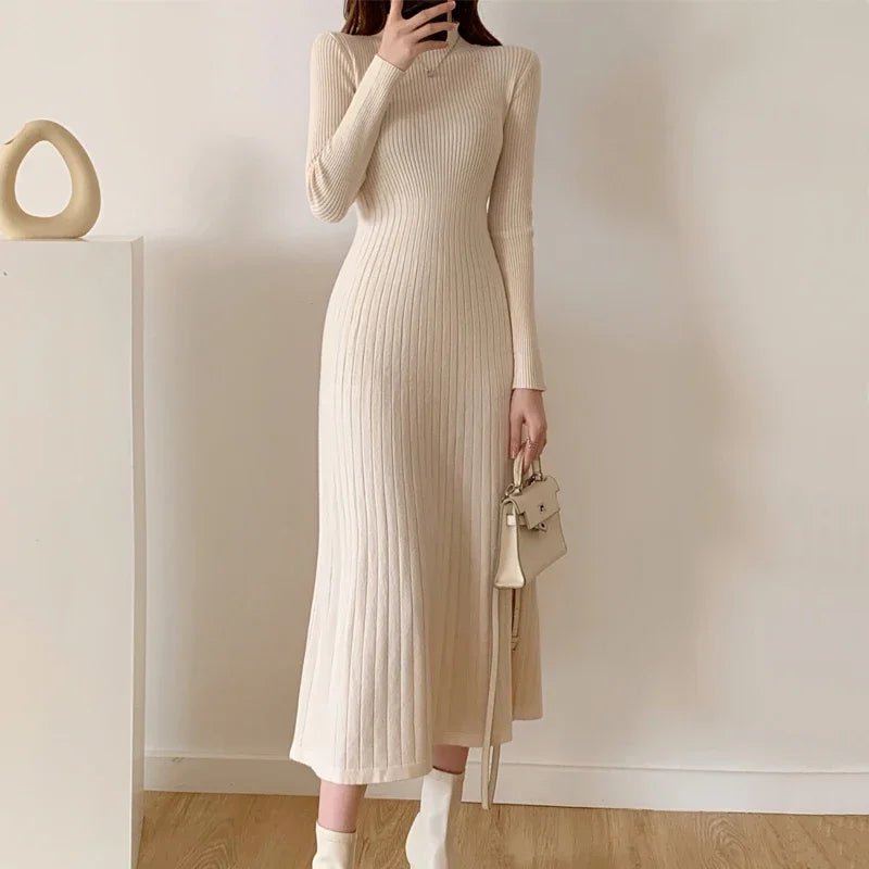 Autumn Winter 2024 Slim Long Sleeve Party Midi Dress for Women Knitted Half High Collar Elegant Knitted Sweater Dresses Ladies - PratSN