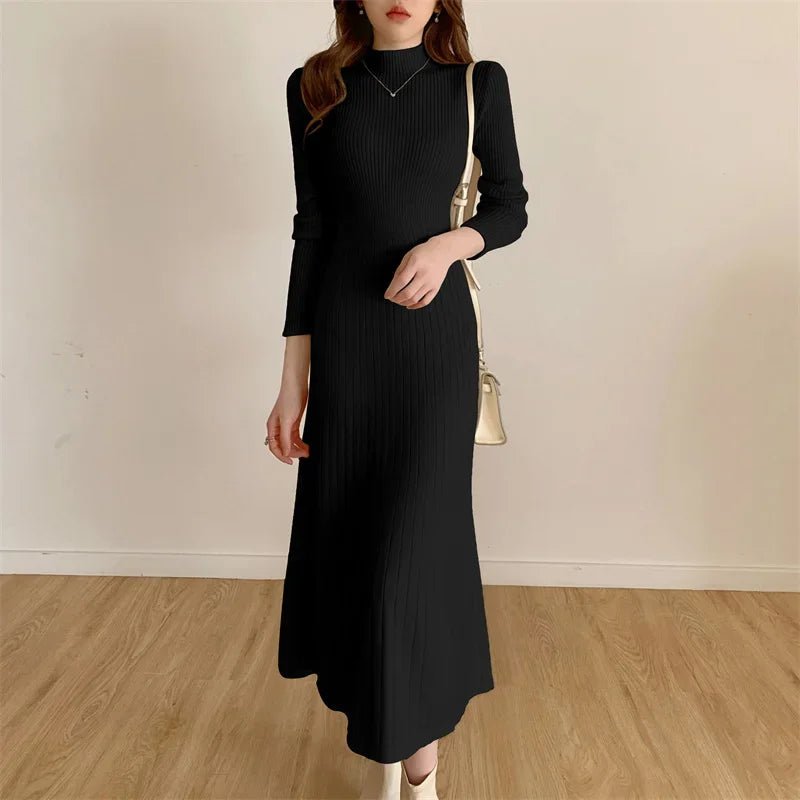 Autumn Winter 2024 Slim Long Sleeve Party Midi Dress for Women Knitted Half High Collar Elegant Knitted Sweater Dresses Ladies - PratSN