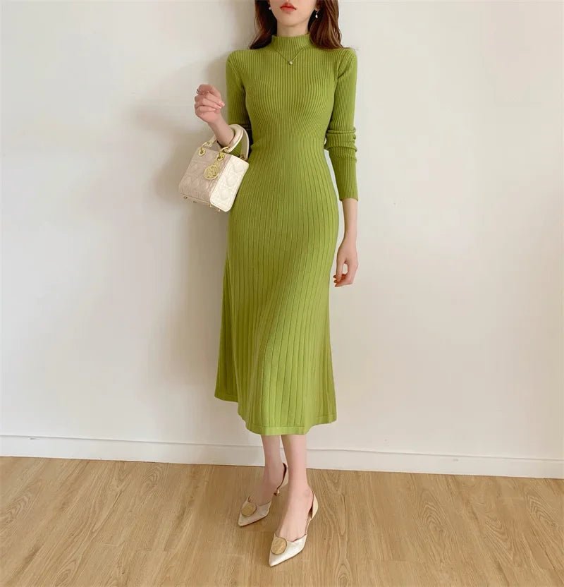Autumn Winter 2024 Slim Long Sleeve Party Midi Dress for Women Knitted Half High Collar Elegant Knitted Sweater Dresses Ladies - PratSN