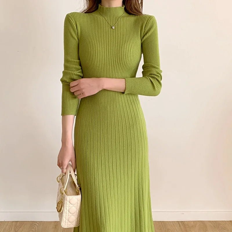 Autumn Winter 2024 Slim Long Sleeve Party Midi Dress for Women Knitted Half High Collar Elegant Knitted Sweater Dresses Ladies - PratSN