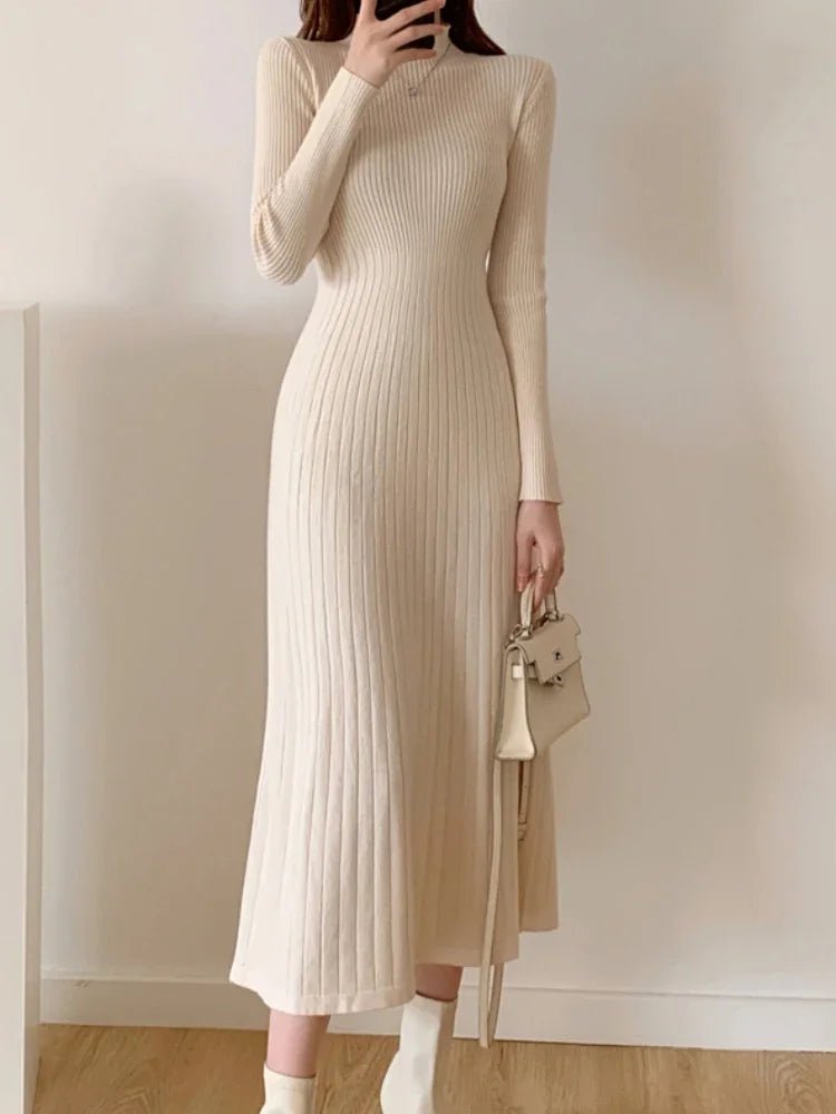 Autumn Winter 2024 Slim Long Sleeve Party Midi Dress for Women Knitted Half High Collar Elegant Knitted Sweater Dresses Ladies - PratSN
