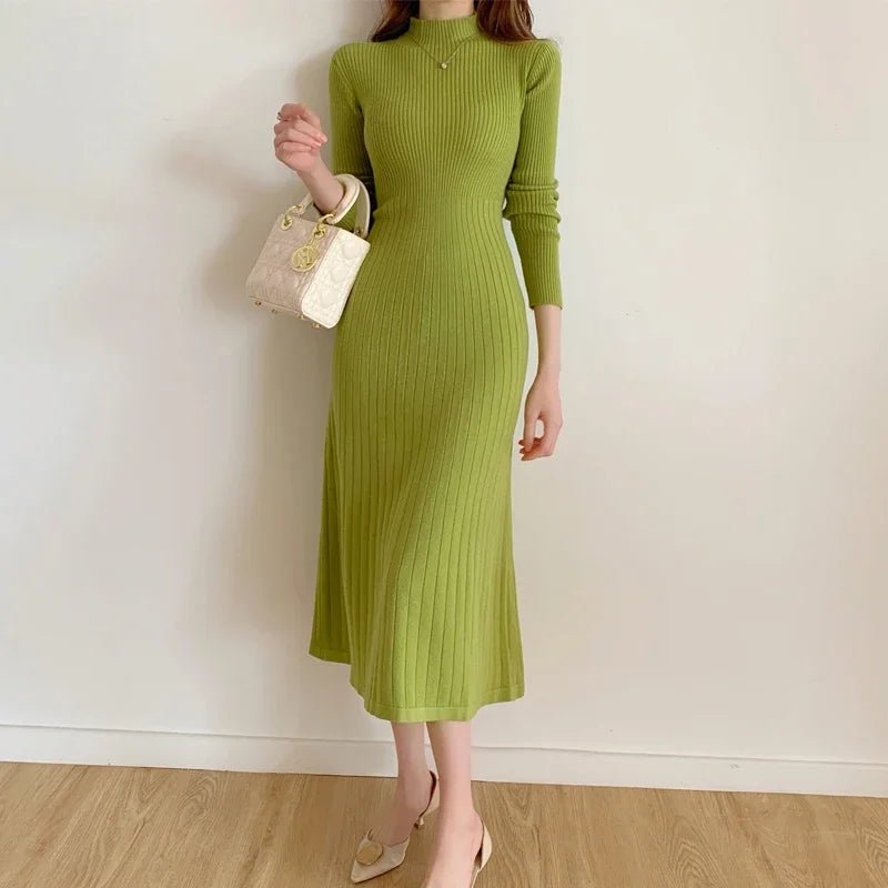 Autumn Winter 2024 Slim Long Sleeve Party Midi Dress for Women Knitted Half High Collar Elegant Knitted Sweater Dresses Ladies - PratSN