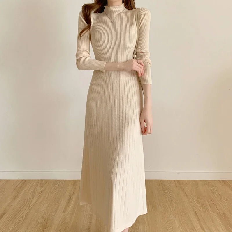 Autumn Winter 2024 Slim Long Sleeve Party Midi Dress for Women Knitted Half High Collar Elegant Knitted Sweater Dresses Ladies - PratSN
