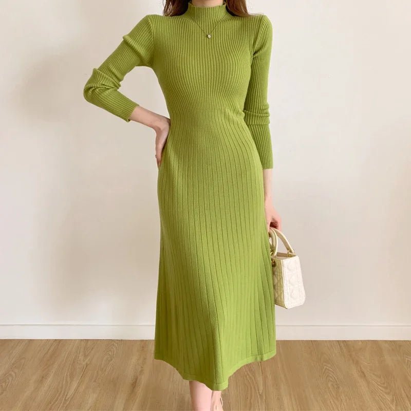 Autumn Winter 2024 Slim Long Sleeve Party Midi Dress for Women Knitted Half High Collar Elegant Knitted Sweater Dresses Ladies - PratSN