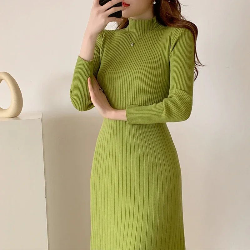 Autumn Winter 2024 Slim Long Sleeve Party Midi Dress for Women Knitted Half High Collar Elegant Knitted Sweater Dresses Ladies - PratSN