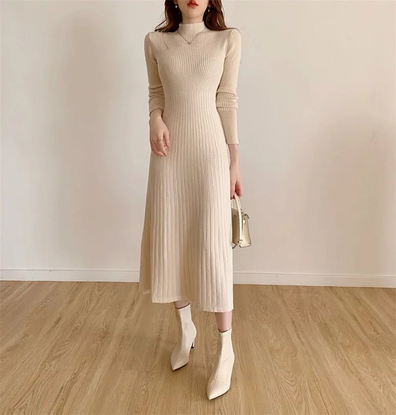 Autumn Winter 2024 Slim Long Sleeve Party Midi Dress for Women Knitted Half High Collar Elegant Knitted Sweater Dresses Ladies - PratSN
