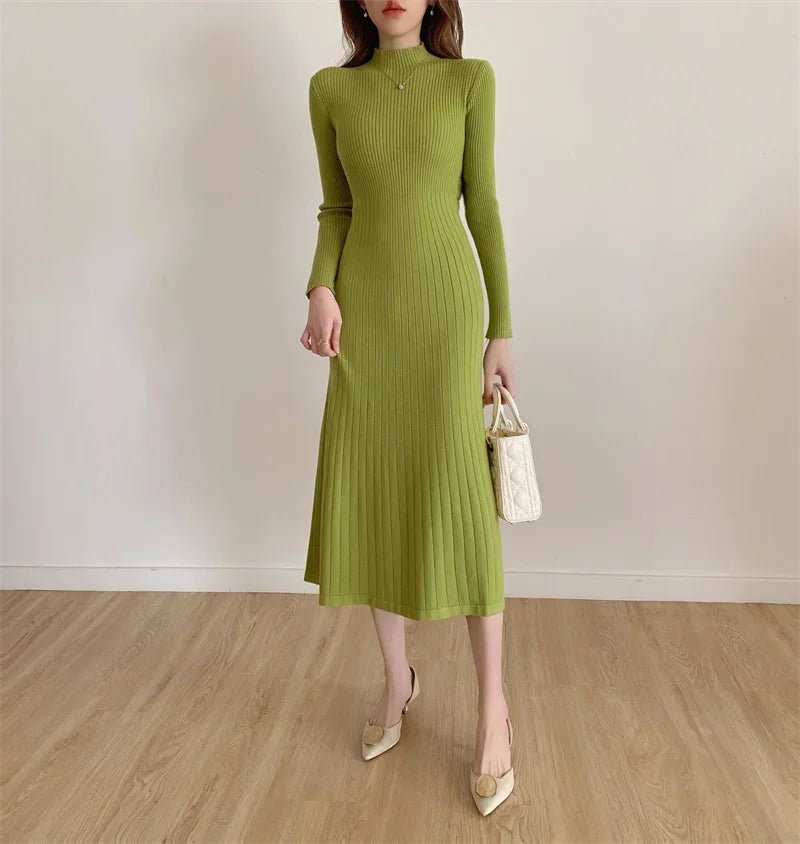 Autumn Winter 2024 Slim Long Sleeve Party Midi Dress for Women Knitted Half High Collar Elegant Knitted Sweater Dresses Ladies - PratSN