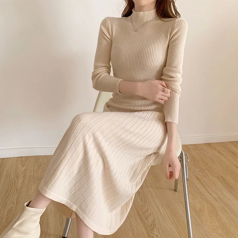 Autumn Winter 2024 Slim Long Sleeve Party Midi Dress for Women Knitted Half High Collar Elegant Knitted Sweater Dresses Ladies - PratSN
